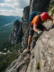 Man in orange t-shirt red helmet blue bag wearing gloves doing rock climbing 