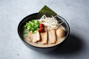 A view of a bowl of spicy tonkatsu ramen.
