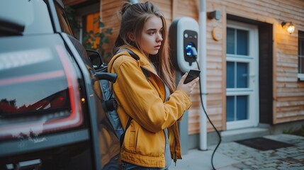 Young woman with smartphone waiting while her electric car charging in home charging station, sustainable and economic transportation concept. copy space for text.