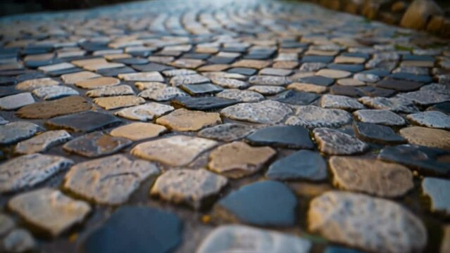 An intricate mosaic pattern of grey and tan cobblestones creates a pathway through a charming cobblestone village. . AI generation.