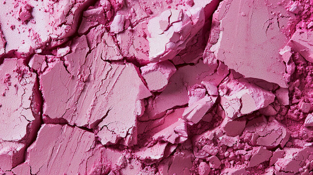 Cosmetic female beauty product scattered on the surface. Close-up of crashed shine pink eyeshadow or make up powder.