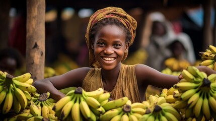 A woman is smiling while surrounded by a bunch of bananas
