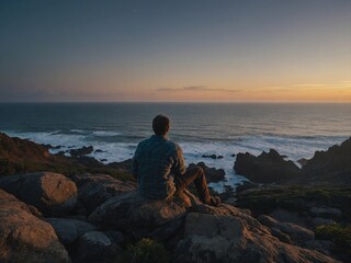 A man sitting on top of rocks in the beach looking at the sea at dawn 
