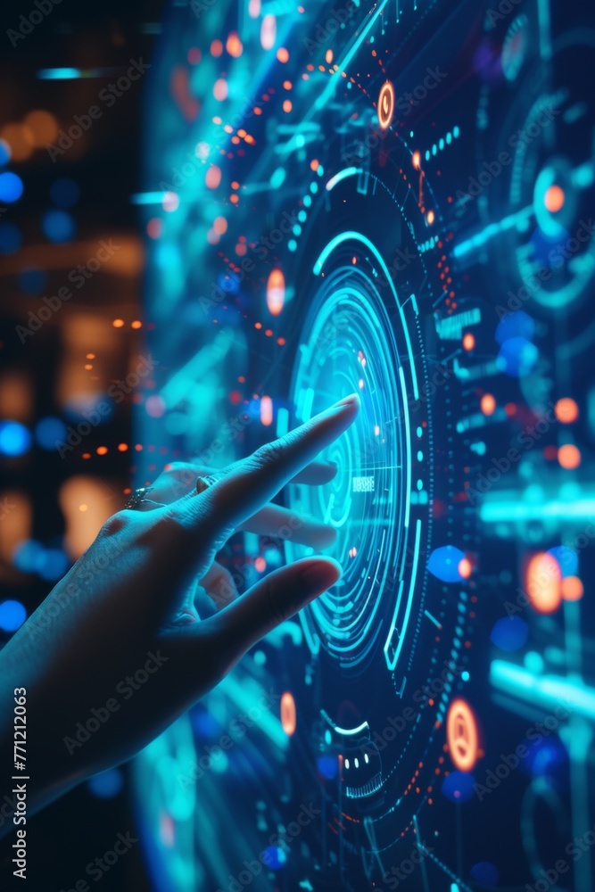 Poster a person is pointing at a screen with a green circle on it