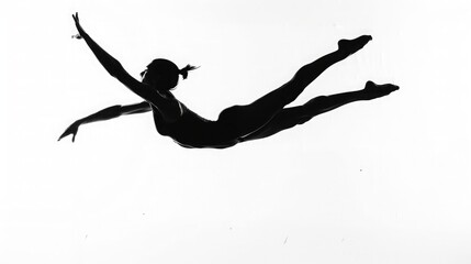 The captivating silhouette of a gymnast soaring through the air, performing a flawless somersault against a backdrop of pure white.