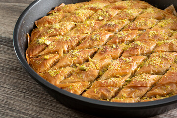 A view of a tray of baklava pastries.