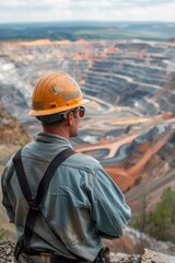 Surveying the copper mine, man in hard hat oversees operations at open pit - ensuring safety and efficiency in resource extraction.