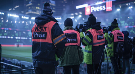 Photo of two sports photographers wearing high visibility vests holding cameras and taking photos at the sidelines on an outdoor football field - obrazy, fototapety, plakaty