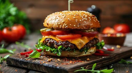Savor the Flavor of succulent cheeseburger with fresh veggies, in the style of appetizing food photography