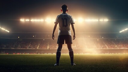 Fototapeta premium Spectacular Stadium Moment: Young Soccer Player Prepares on Field, Back to Camera, Spotlight Ready for Kickoff