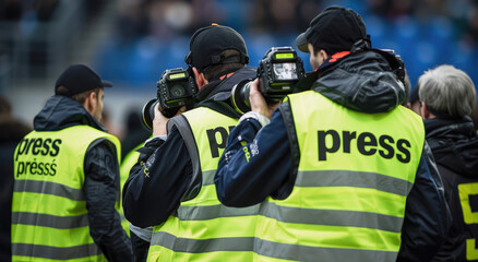 Photo of two sports photographers wearing high visibility vests holding cameras and taking photos at the sidelines on an outdoor football field