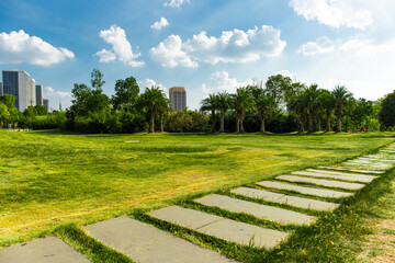 The city and vast central park in Chongqing, China, on a sunny summer day