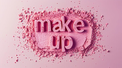 Word Make up of pink shiny make-up powder or rose crushed eyeshadow on pink background