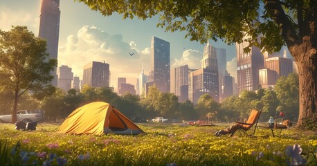 Illustration style City Park Meadow camping tent - obrazy, fototapety, plakaty
