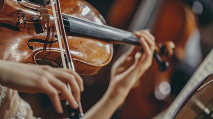 With the backdrop of sheet music, a close-up captures the deft hands of a musician expertly maneuvering the violin. - obrazy, fototapety, plakaty