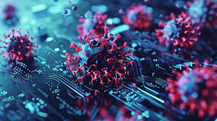 3D illustration of a digital analysis interface showing a magnified virus particle amidst data analytics. - obrazy, fototapety, plakaty