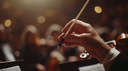 With precision, the baton-wielding hand of the orchestra conductor guides a symphony, while musicians form a harmonious ensemble in the distance. - obrazy, fototapety, plakaty