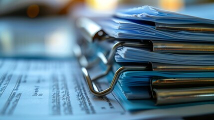 Close-up of a stack of paperwork and documents organized in folders, indicative of office work and administrative tasks. - obrazy, fototapety, plakaty
