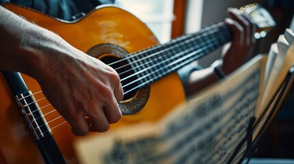 Close-up of a guitarist's hand strumming the strings with a blurred music sheet in the background,...