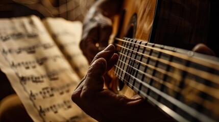 A blurred music sheet in the background accentuates the focused strumming of a guitarist's hand, epitomizing the essence of musical devotion. - obrazy, fototapety, plakaty