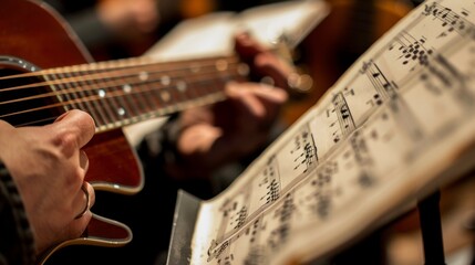 With a blurred music sheet backdrop, the close-up captures the guitarist's hand in a symphony of...