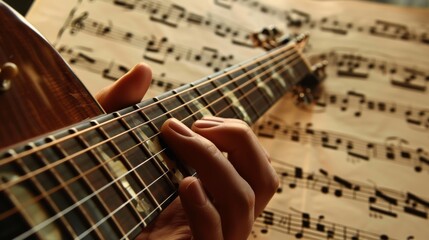 Highlighted by a blurred music sheet behind, the close-up of a guitarist's hand strumming the...