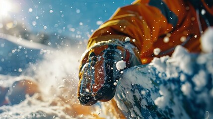Snow particles swirl as a snowboarder's boots soar mid-air, firmly strapped to the board.