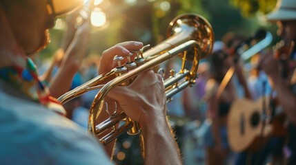 Within the lively ambiance of a jazz band, a watch-clad trumpet player's hands take center stage,...