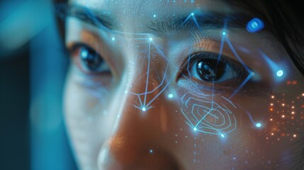 Advanced biometric security technology is depicted through a close-up of a woman's eye, with facial recognition mapping glowing over it.