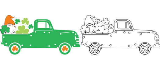 Colouring page load of  Luck Truck is a retro cartoon pick-up truck with clover leaves. Patrick's Day template design for banners, posters, flyers, and postcards. Vector illustration.