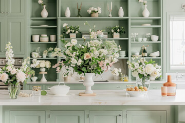 A classic kitchen with green cabinets and white marble countertop, adorned with fresh flowers in vases on the island table. - obrazy, fototapety, plakaty