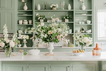 Foto op Plexiglas A classic kitchen with green cabinets and white marble countertop, adorned with fresh flowers in vases on the island table. © Kien