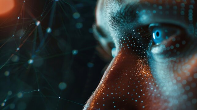 Highlighting sophisticated biometric security, a woman's eye is shown in close-up, with facial recognition mapping illuminating its features.