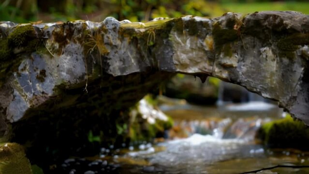 An old stone bridge spans a gurgling stream its cracked and mosscovered surface serving as a reminder of the countless journeys taken . AI generation.
