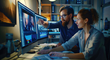 A male graphic designer is pointing at the monitor screen, while his female model shows him an illustration of one woman on it - Powered by Adobe