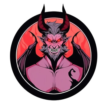 An illustration of the demon Azazel smiling with red eyes within a circle