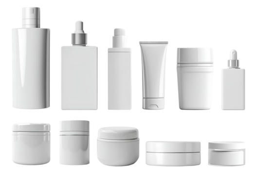 Collection set of white blank cosmetic skincare container tube packaging dispenser bottle on transparent background cutout, PNG file. Many different design Mockup template for artwork
