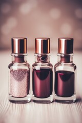 Glittering cosmetic powder in glass bottle. Close up view.