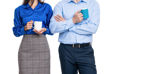 Businesspeople communicating with cup. Colleagues having business meeting. Corporate break of businesspeople. Coffee break in office. Business colleague at break isolated on white. Cropped view