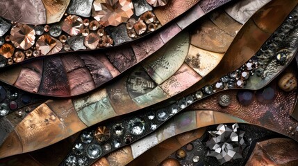 A composition featuring a mix of metallic materials and precious stones, creating a stunning contrast of textures and colors. - obrazy, fototapety, plakaty
