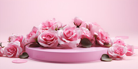Podium display pastel pink background with rose flowers  Podium with beautiful flowers cosmetic presentation