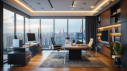 A softly blurred image of a high-rise office with a panoramic city view during dusk, showcasing the...