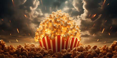  Popcorn bucket being poured with fresh popcorn, with the kernels falling into the container, creating a visually satisfying and mouth watering moment Popcorn kernel dipped in kettle corn with splashe - obrazy, fototapety, plakaty