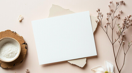 Creative flat lay top view mockup of blank paper sheet with copy space on pastel beige background. Minimal nature concept