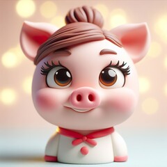 3D cute pig, female with big eyes and eyelashes smiling happily wearing white with red trim around her neck