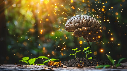 Human brain with tree growing out of soil on blurred nature background.