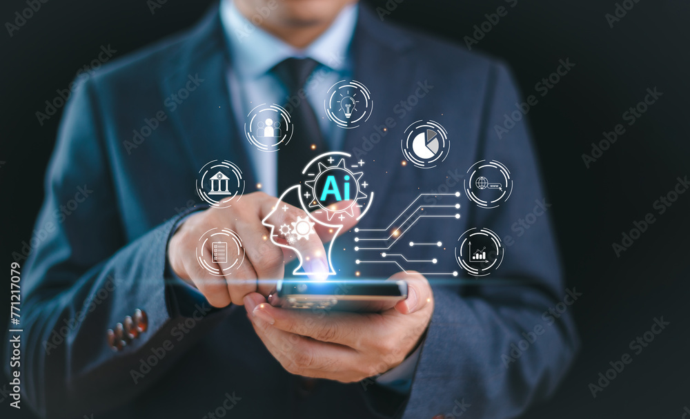 Poster ai tech help business concept. businessman connect robot chat ai, command prompt generates futuristi