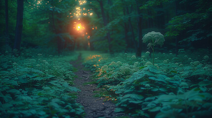 Path in the forest at night with sunbeams and fog.