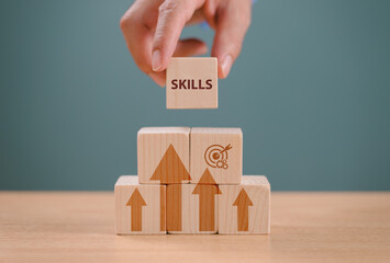 Skill development concept. Up new ability skill for technology evolution. Employee thinking,...