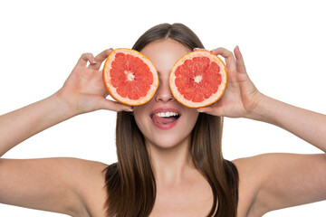 Young girl has clean skin. Healthy lifestyle. Skin of beauty woman isolated on white. Beauty woman with grapefruit. Woman fill skin with vitamin. Skincare and diet. Key beauty factor